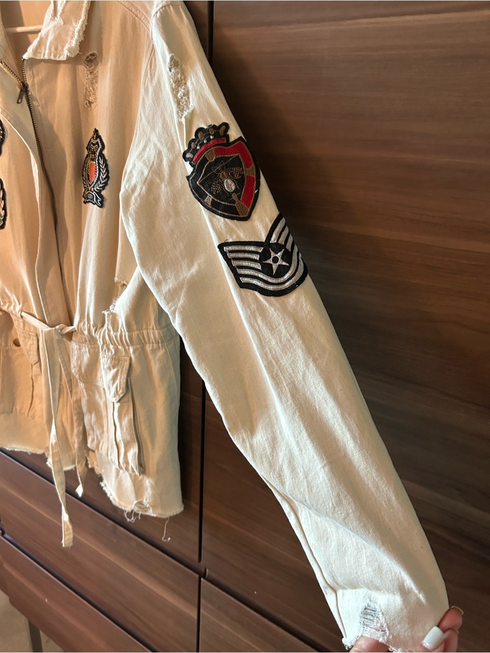 POL Cream Distressed Patch Utility Jacket with Drawstring Waist - Picture 5 of 11